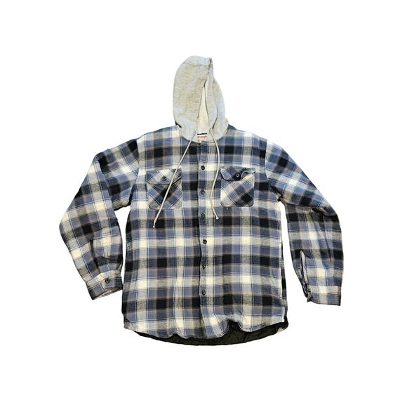 Wrangler Authentics Jacket Shirt Mens Plaid Button Hooded Quilted Lined medium - Picture 1 of 6